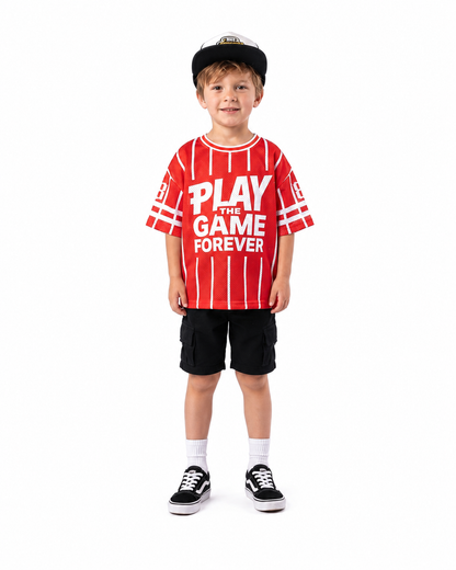 Boy wearing red Play the Game Forever striped graphic T-shirt