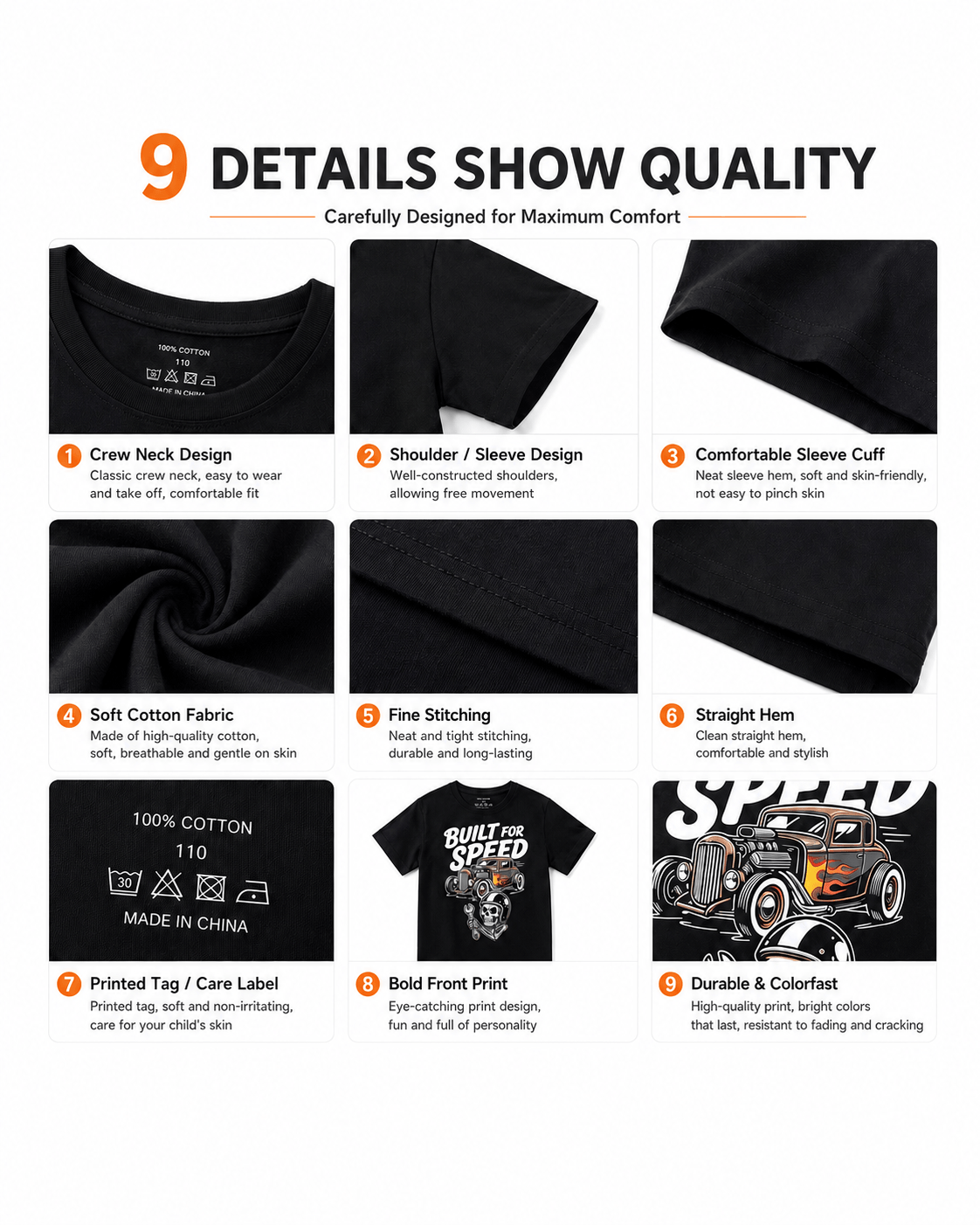 Crew neck, sleeve, graphic print, stitching, and construction details of boys black T-shirt