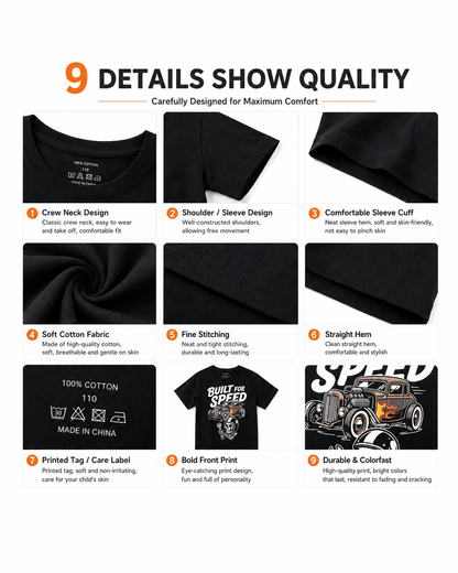 Crew neck, sleeve, graphic print, stitching, and construction details of boys black T-shirt
