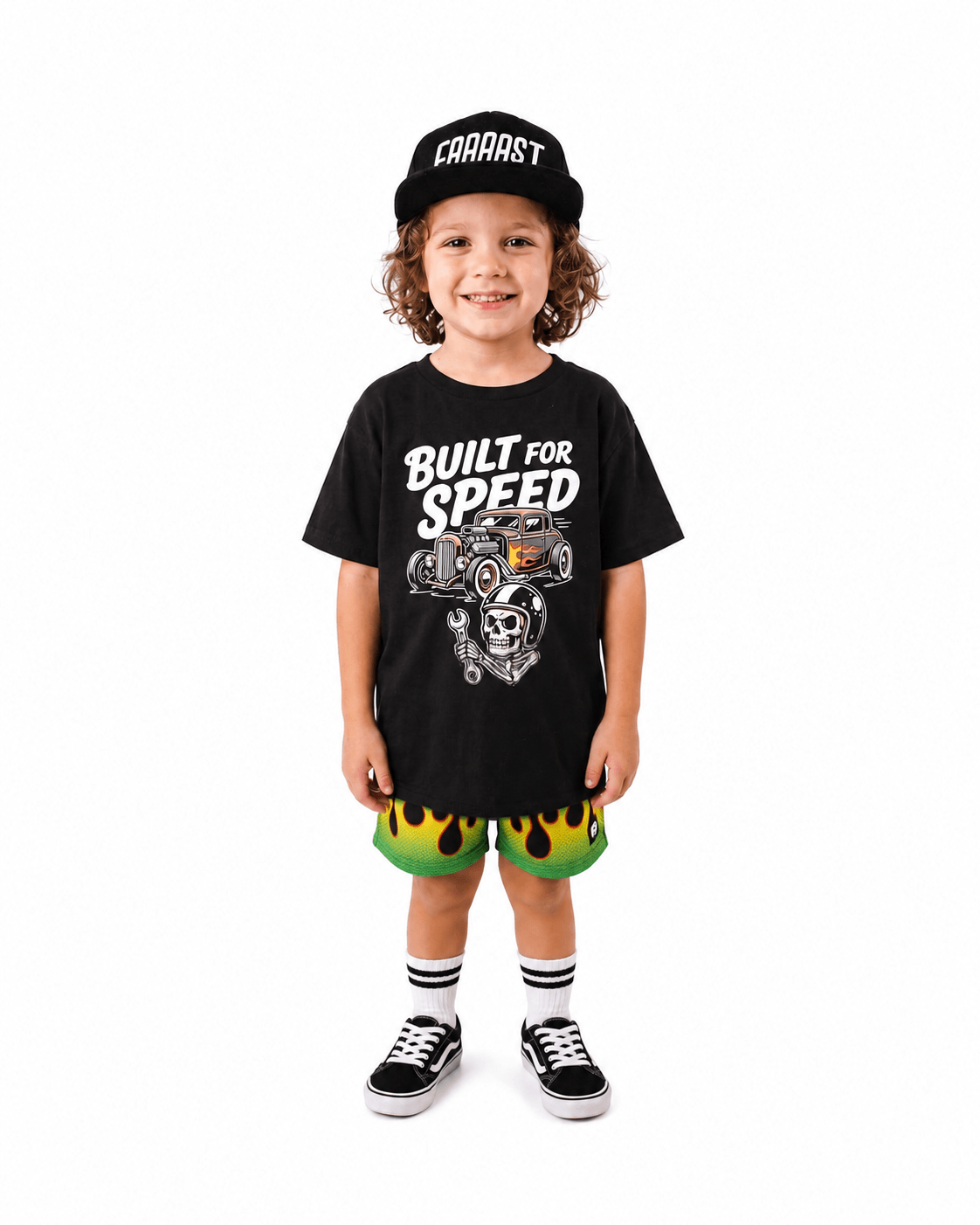 Boy wearing black Built for Speed hot rod graphic T-shirt