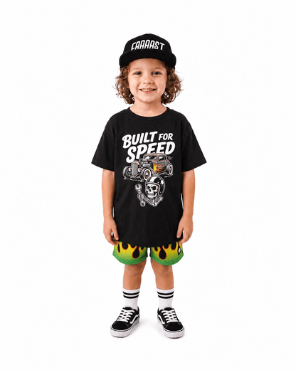 Boy wearing black Built for Speed hot rod graphic T-shirt