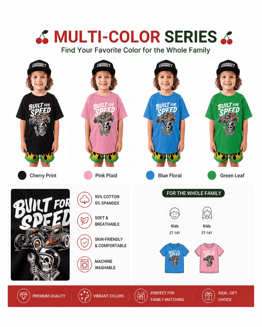 Boys Built for Speed graphic T-shirts shown in black, pink, blue, and green
