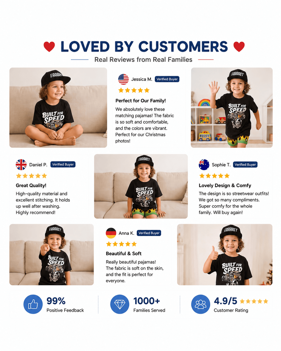 Customer review collage featuring boys black Built for Speed graphic T-shirt