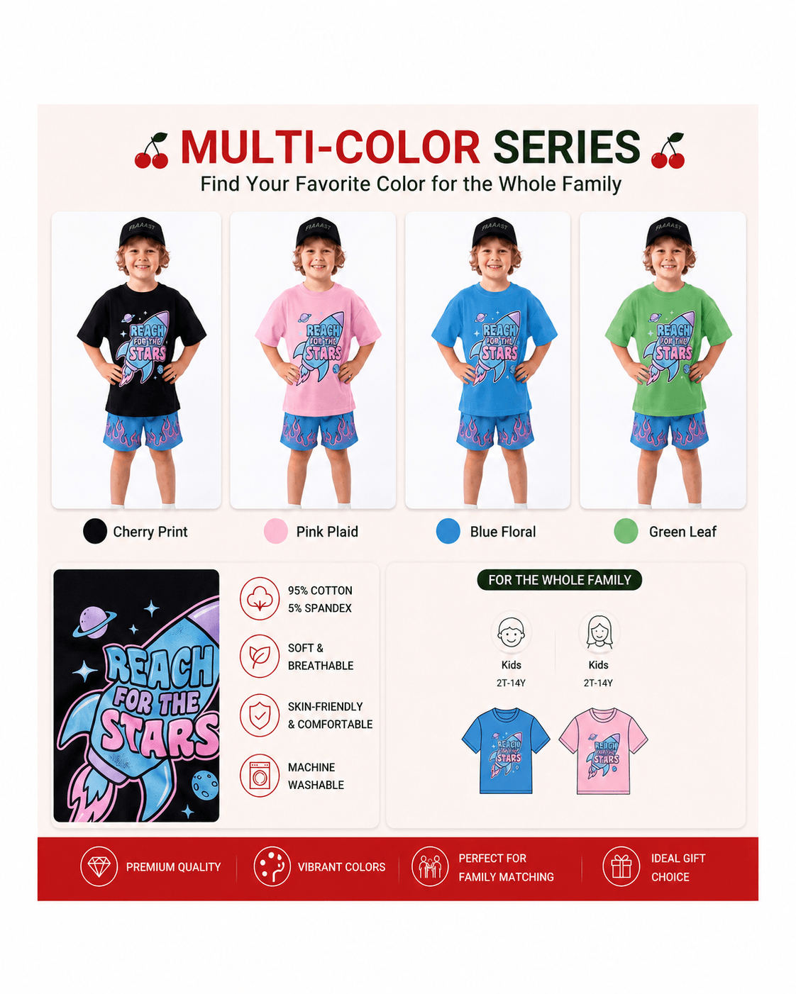 Boys rocket graphic T-shirt shown in black pink blue and green colors