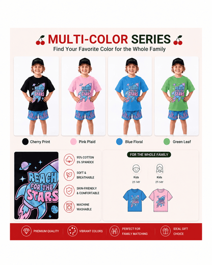 Boys rocket graphic T-shirt shown in black pink blue and green colors