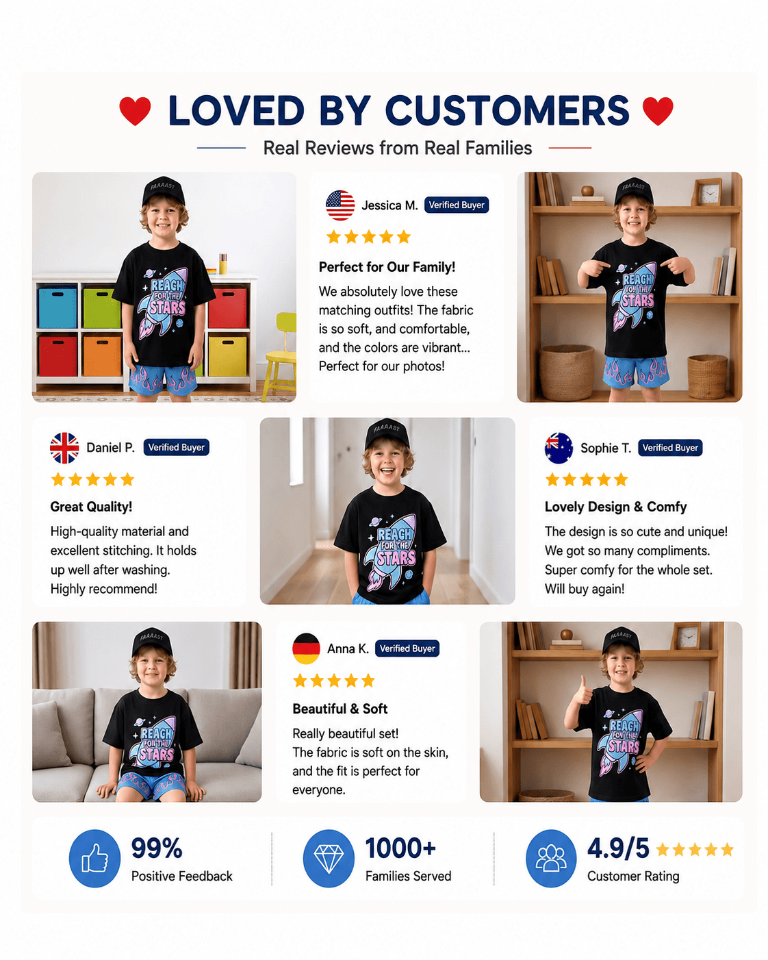 Customer presentation of boys rocket and stars graphic T-shirt