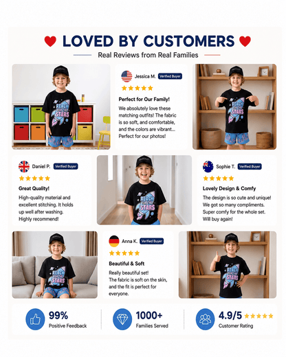 Customer presentation of boys rocket and stars graphic T-shirt