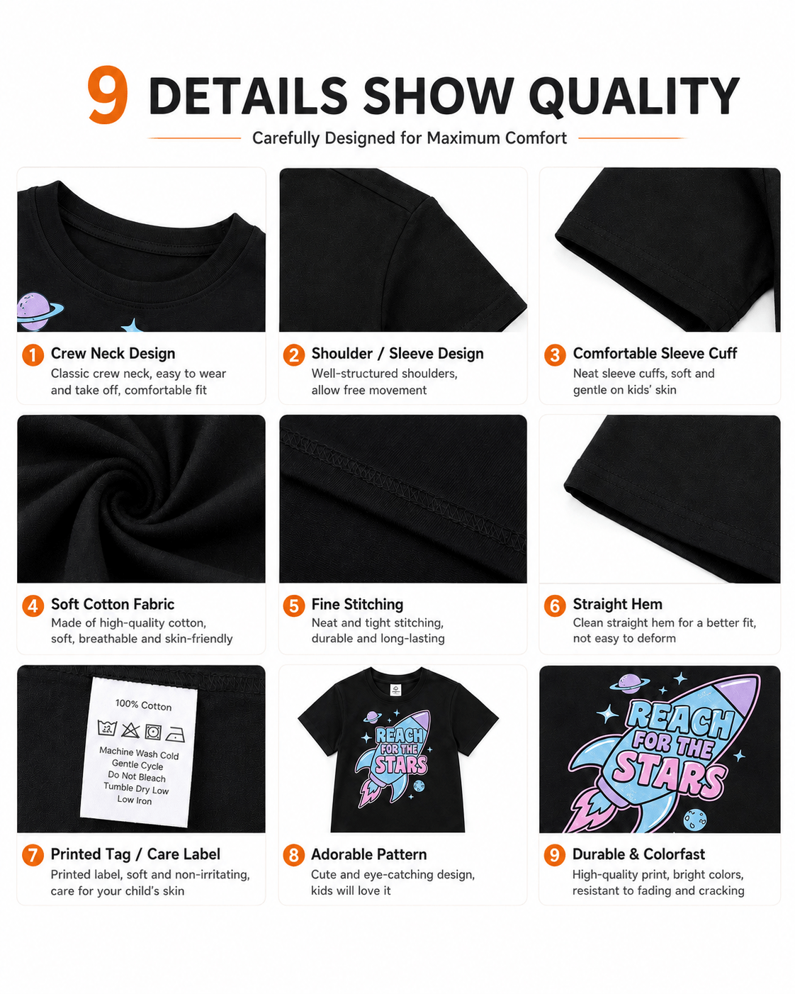 Detail views of boys black rocket graphic short sleeve T-shirt