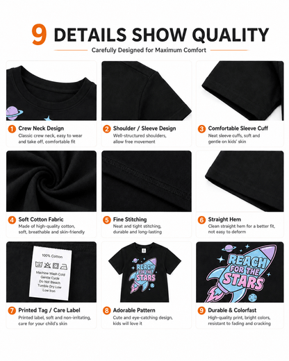Detail views of boys black rocket graphic short sleeve T-shirt
