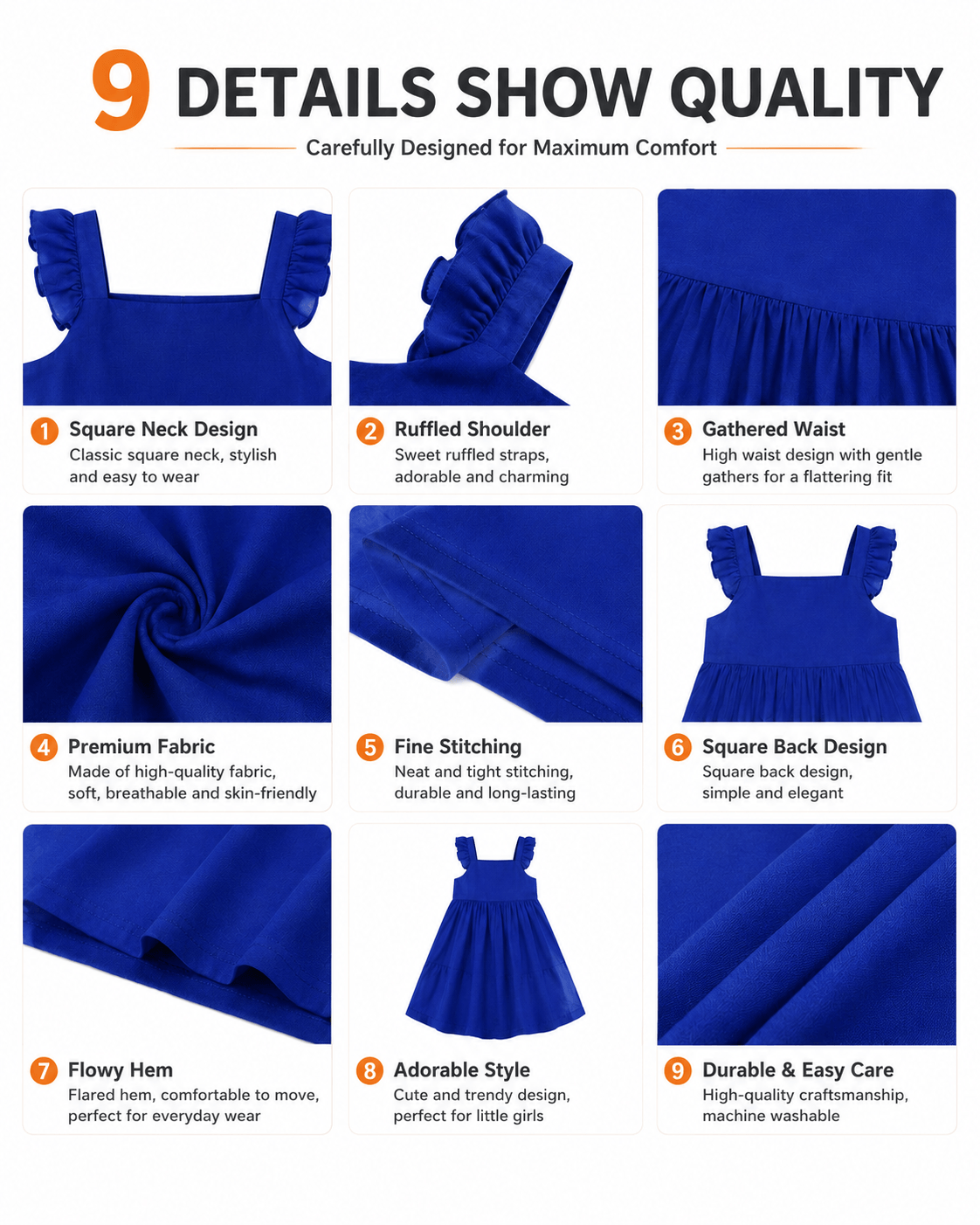 Detail views of blue sibling matching boys shirt and girls dress
