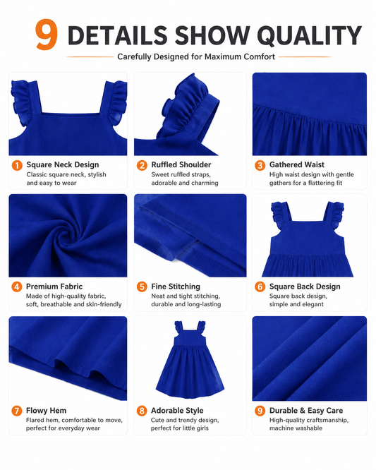Detail views of blue sibling matching boys shirt and girls dress