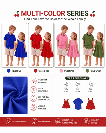 Sibling matching shirt and dress outfits shown in multiple colors