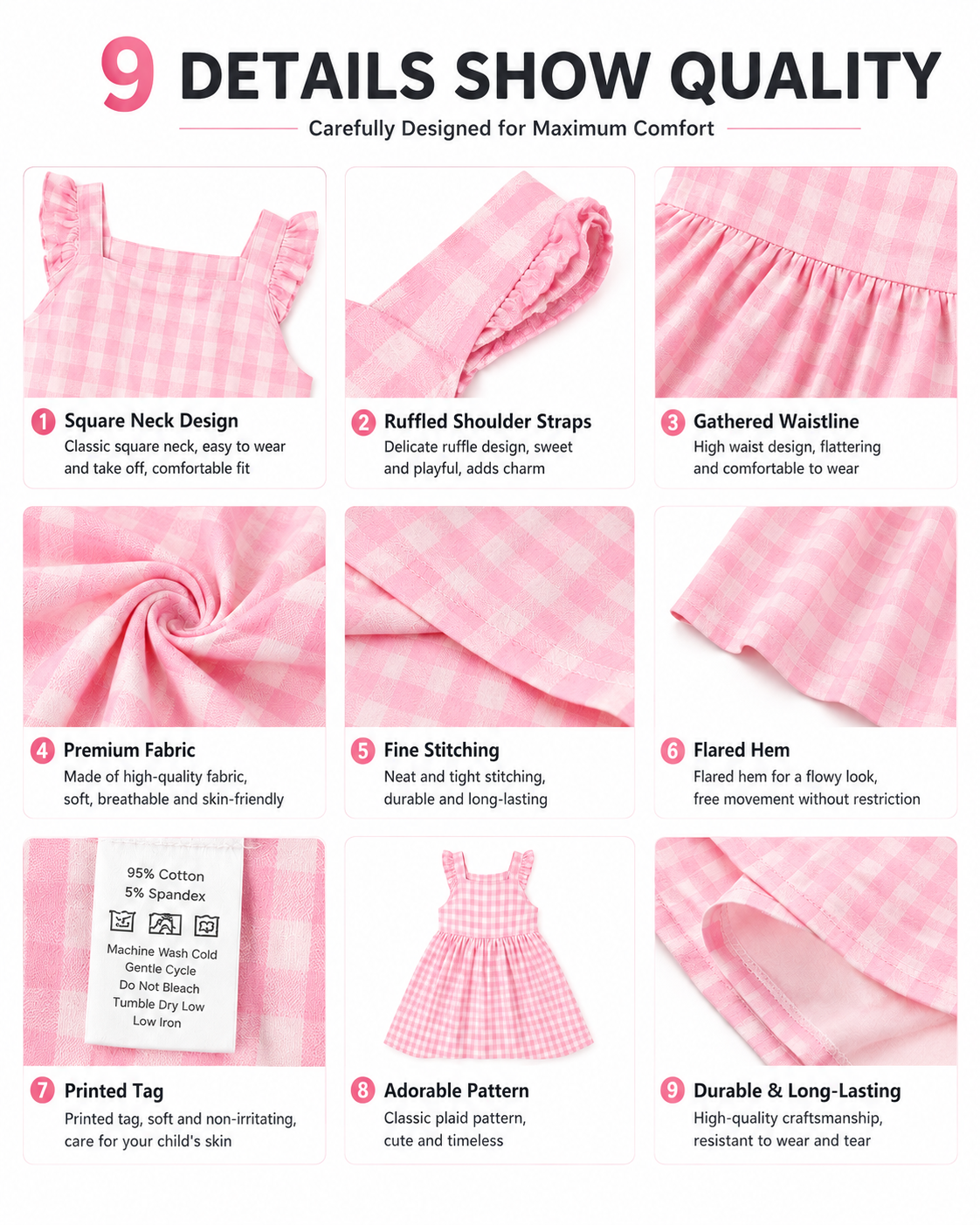 Detail views of pink gingham sibling matching boys shirt and girls dress