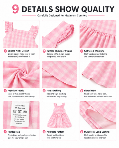 Detail views of pink gingham sibling matching boys shirt and girls dress