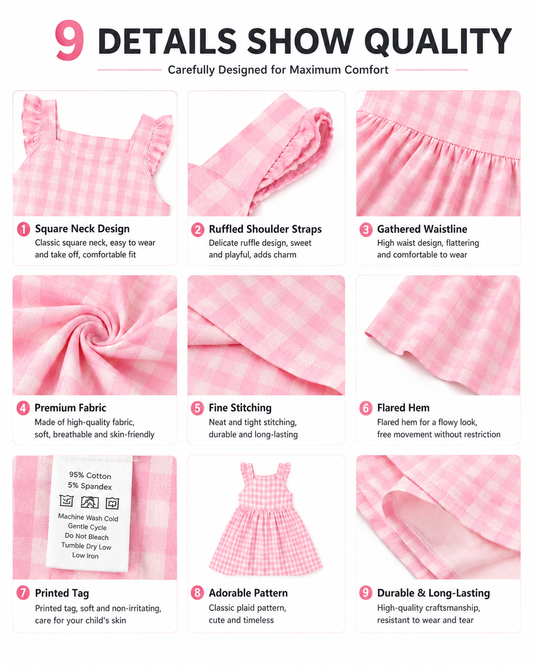 Detail views of pink gingham sibling matching boys shirt and girls dress