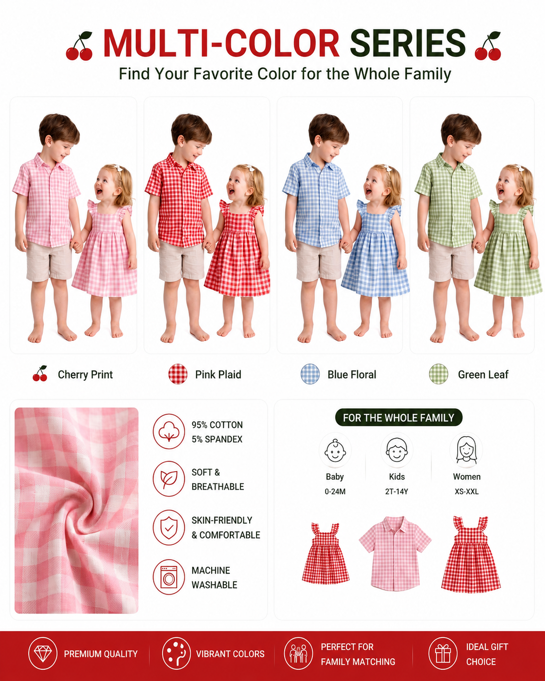 Sibling matching shirt and dress outfits shown in multiple colors
