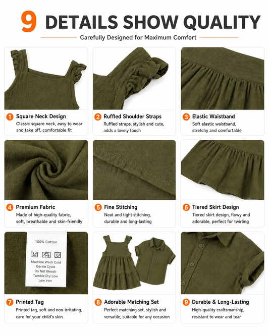 Detail views of olive green sibling matching boys shirt and girls dress