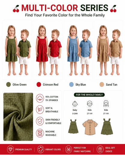 Sibling matching shirt and dress collection shown in multiple colors
