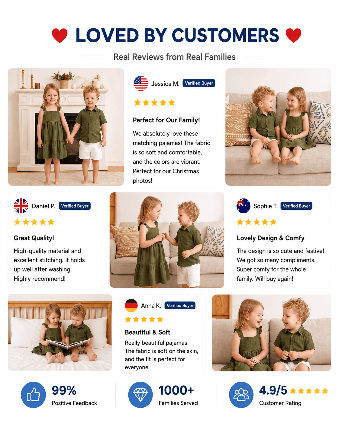 Customer presentation of olive green sibling matching outfits