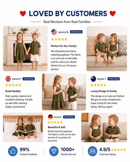 Customer presentation of olive green sibling matching outfits