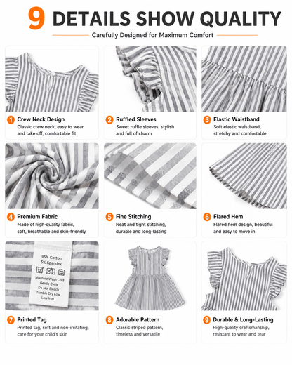 Detail views of blue striped sibling matching boys shirt and girls dress