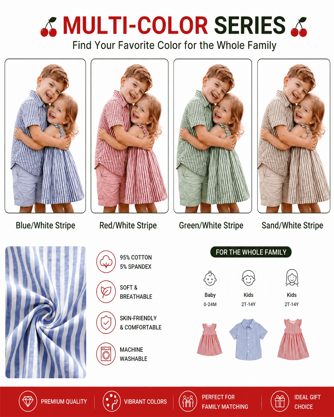 Striped sibling matching shirt and dress collection in multiple colors