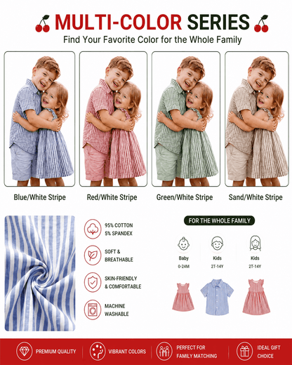 Striped sibling matching shirt and dress collection in multiple colors