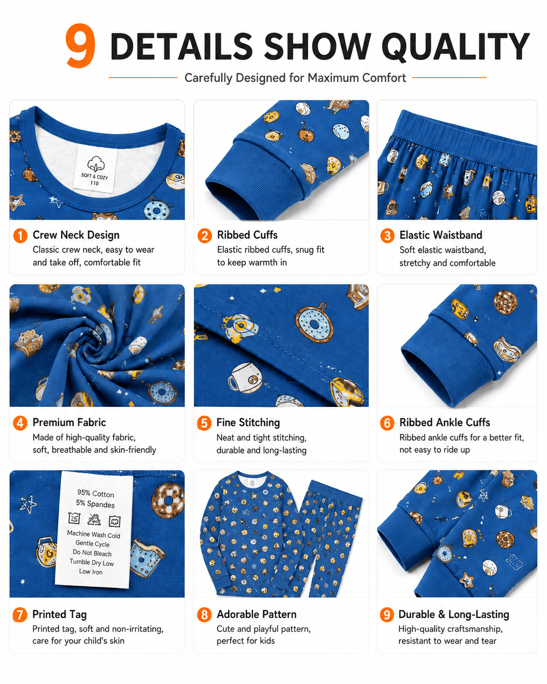 Detail views of blue printed long sleeve kids pajama set