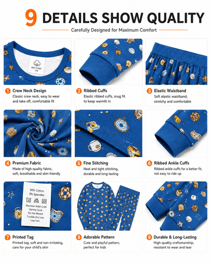 Detail views of blue printed long sleeve kids pajama set