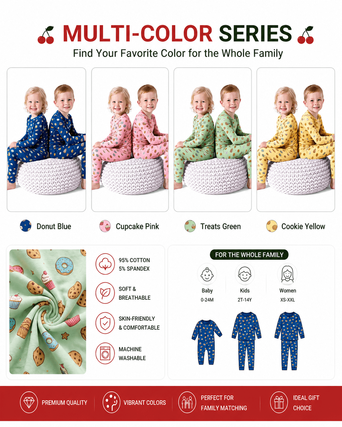 Sibling matching long sleeve pajamas shown in multiple colors