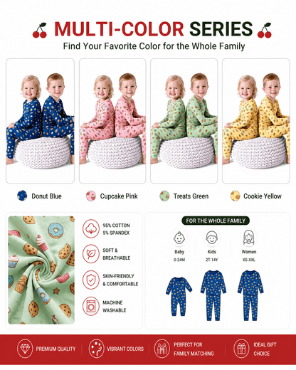 Sibling matching long sleeve pajamas shown in multiple colors