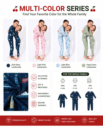 Space print sibling matching pajama sets shown in multiple colorways