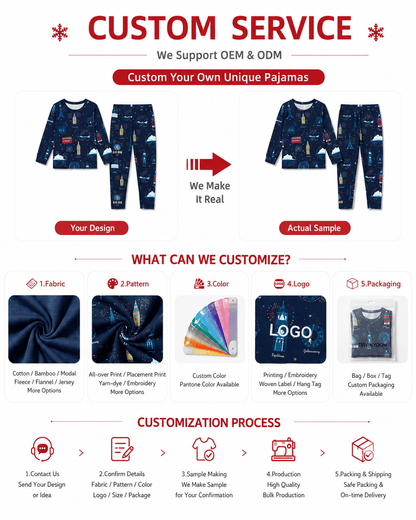 Customization options for navy printed kids pajama sets