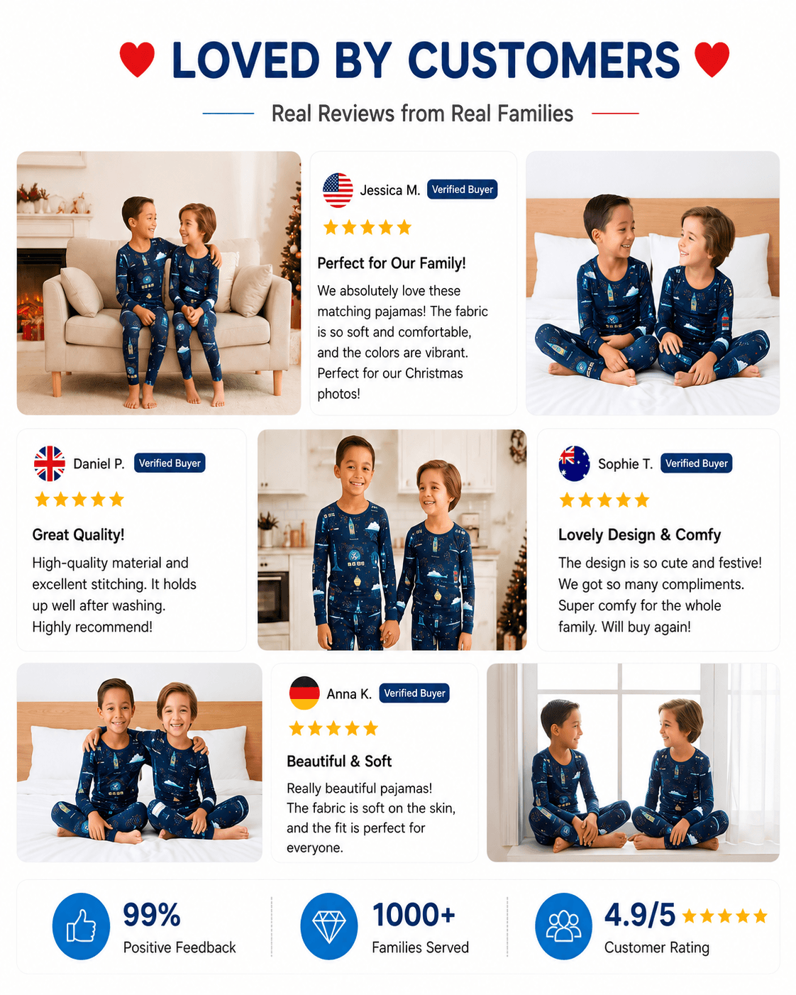 Detail views of navy space print long sleeve kids pajama set
