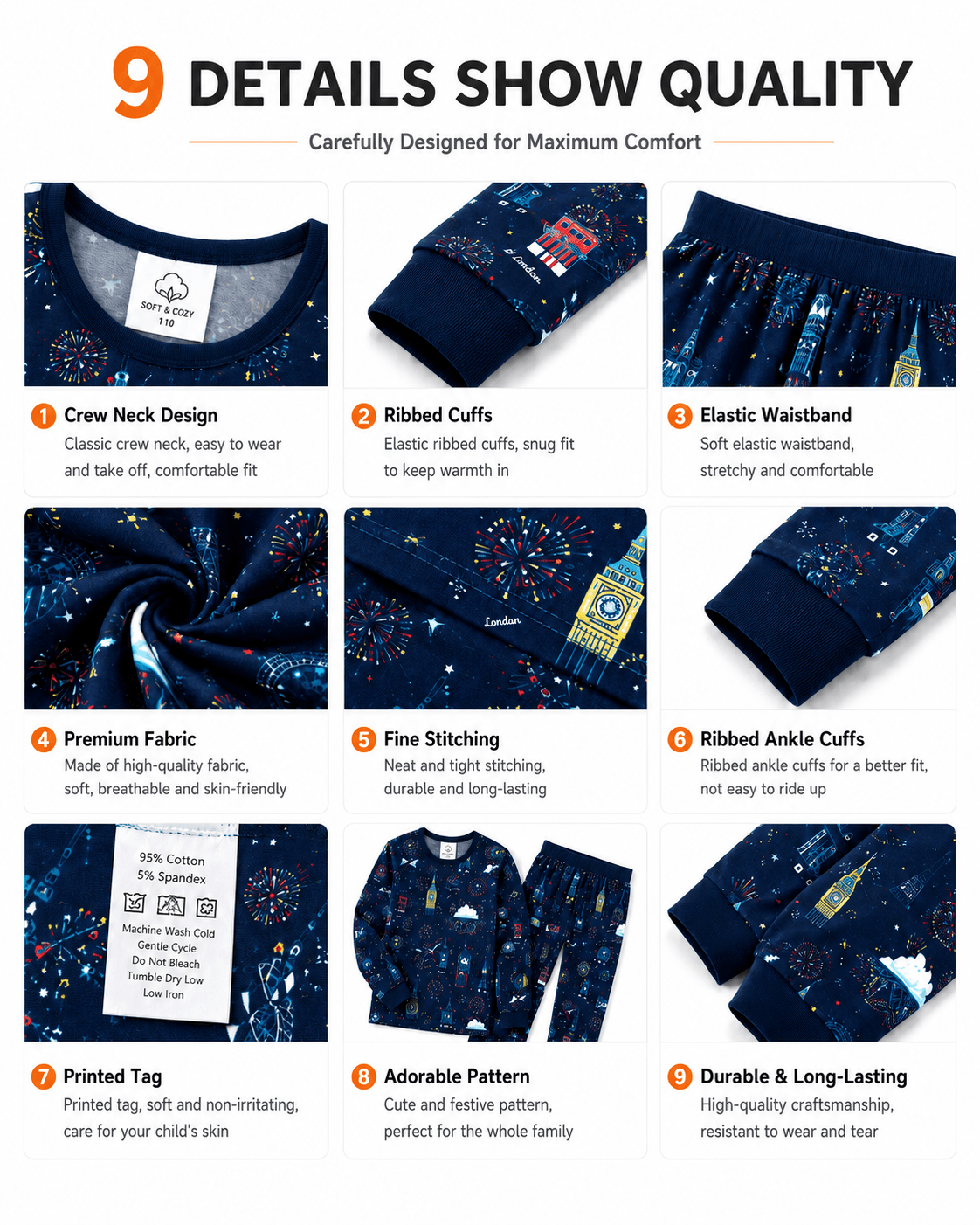 Customer presentation of navy sibling matching kids sleepwear