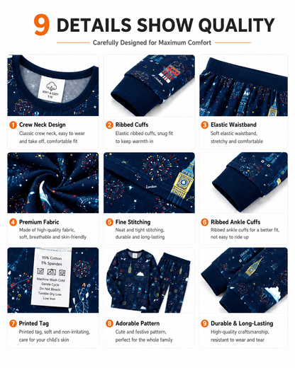 Customer presentation of navy sibling matching kids sleepwear