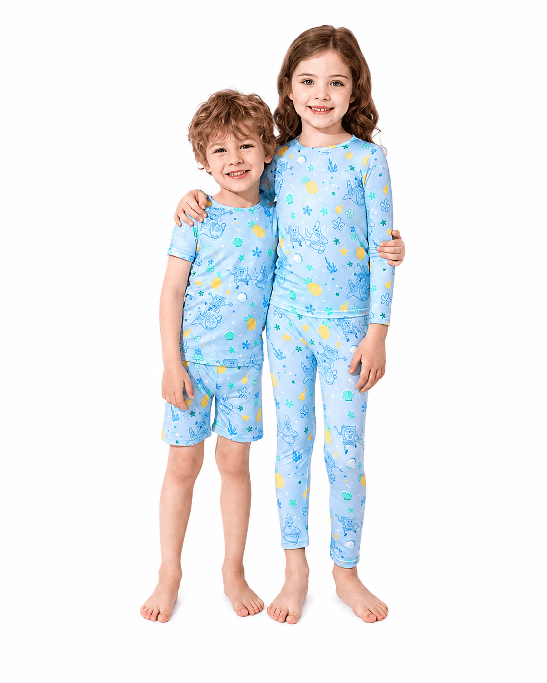 Children wearing light blue sibling matching short and long pajama sets