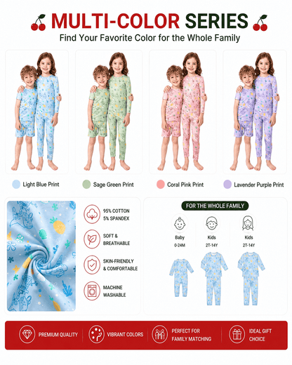Sibling matching pajama sets shown in multiple colorways