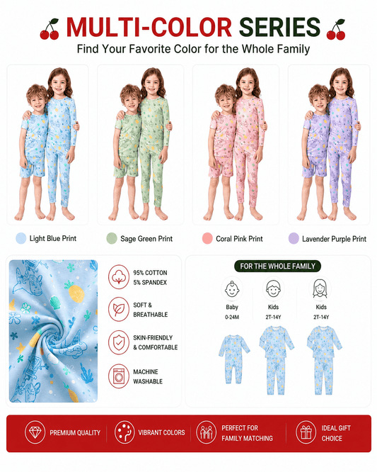 Sibling matching pajama sets shown in multiple colorways