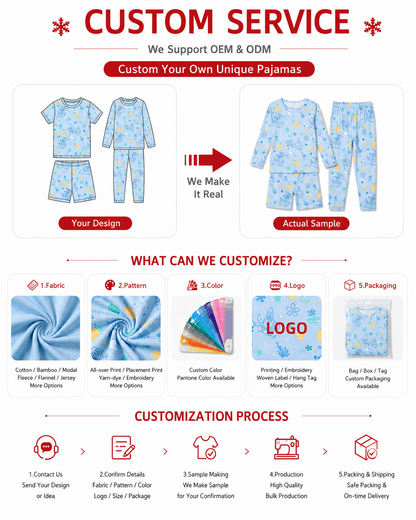 Customization options for light blue sibling matching kids pajamas