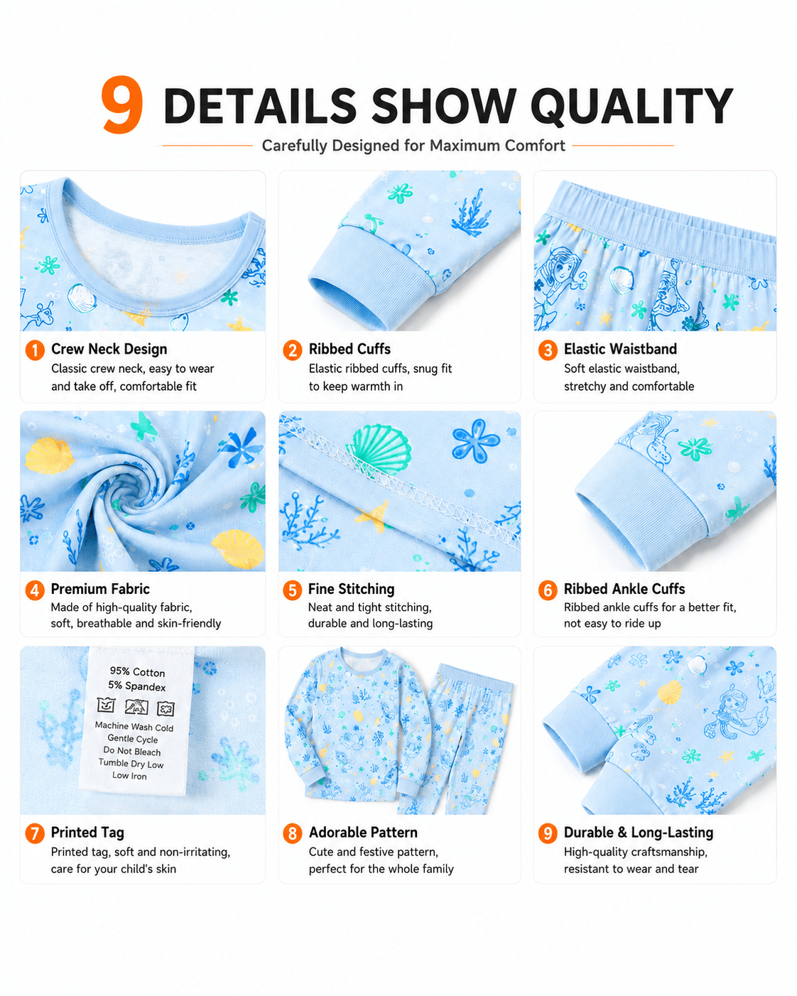 Detail views of light blue printed kids pajama sets