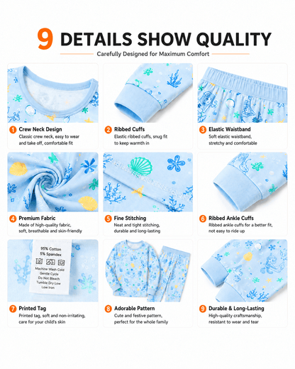 Detail views of light blue printed kids pajama sets