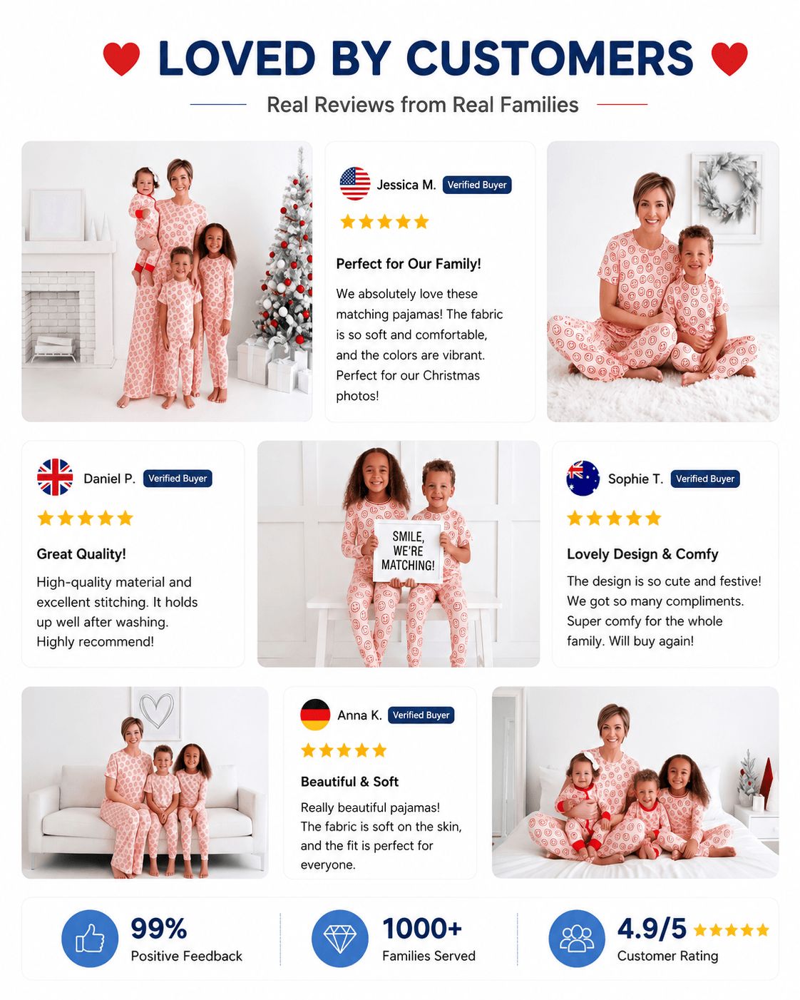 Customer presentation of pink floral matching family sleepwear