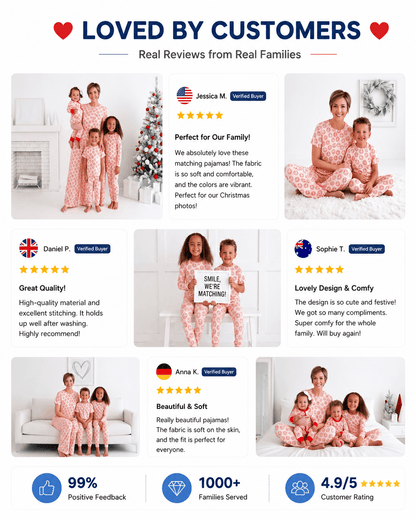 Customer presentation of pink floral matching family sleepwear