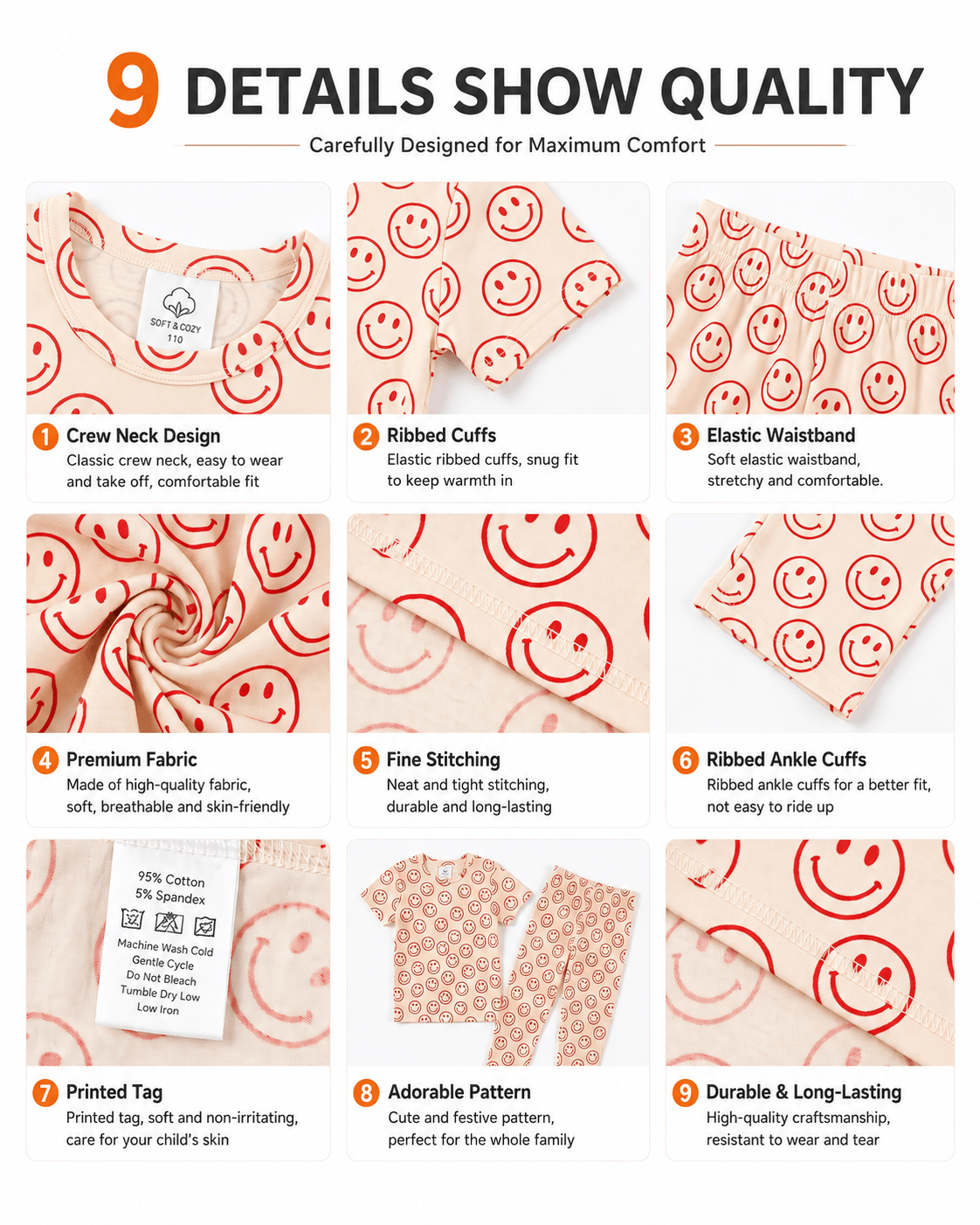 Detail views of pink floral matching family pajama styles