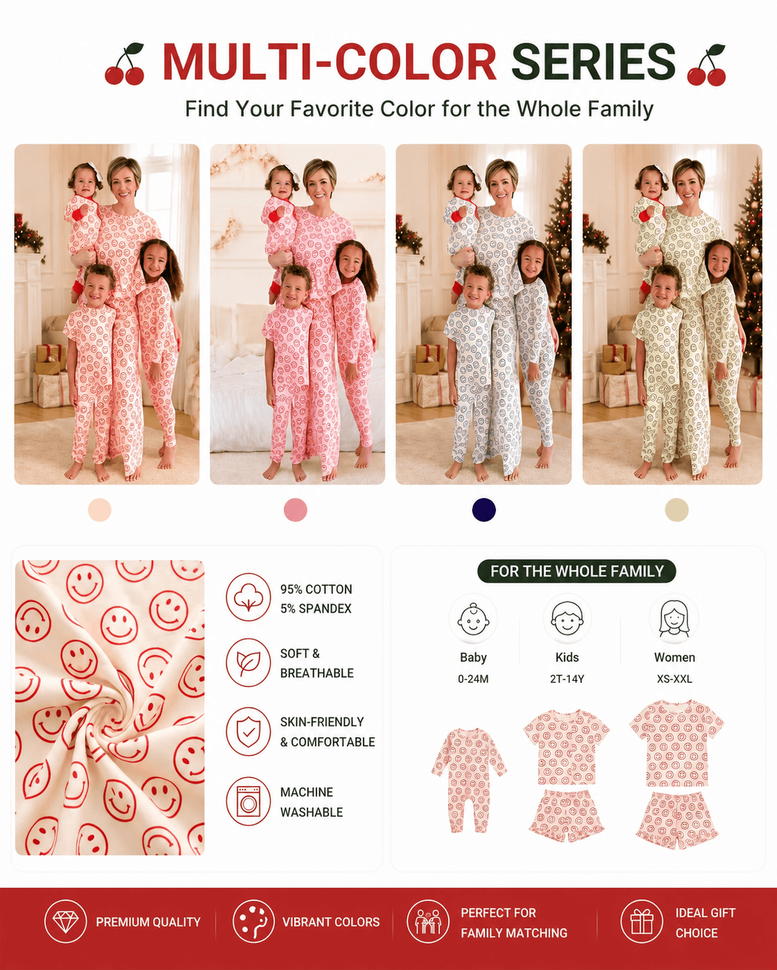 Matching family pajama collection shown in multiple coordinated colorways