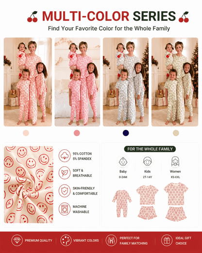 Matching family pajama collection shown in multiple coordinated colorways