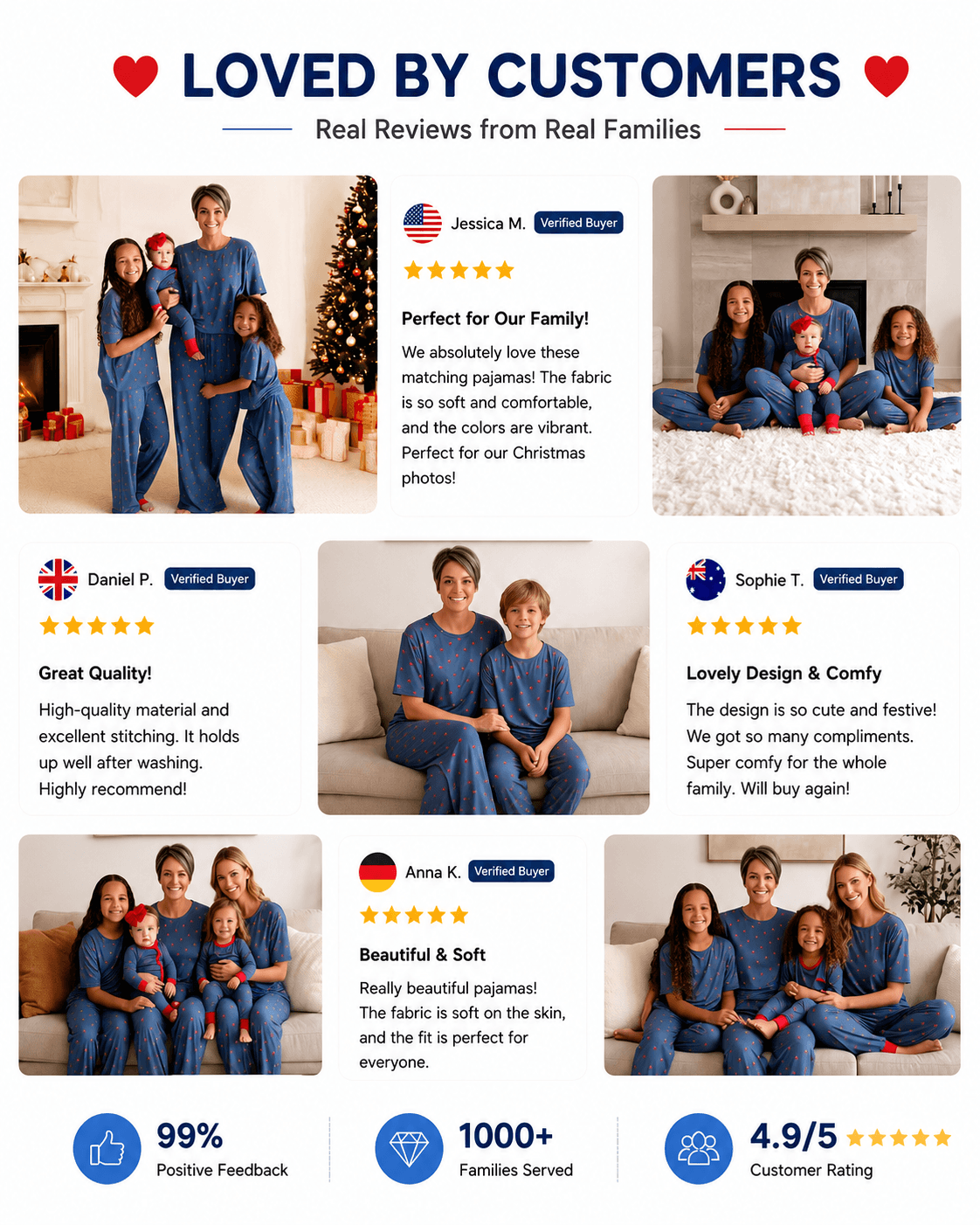 Customer presentation of navy matching family sleepwear