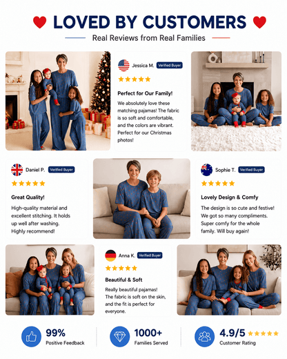 Customer presentation of navy matching family sleepwear
