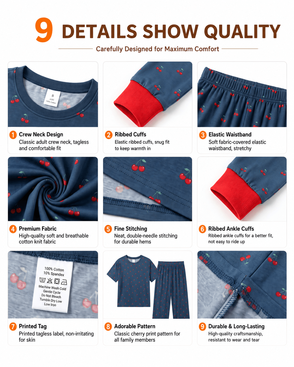Detail views of navy printed matching family pajama styles